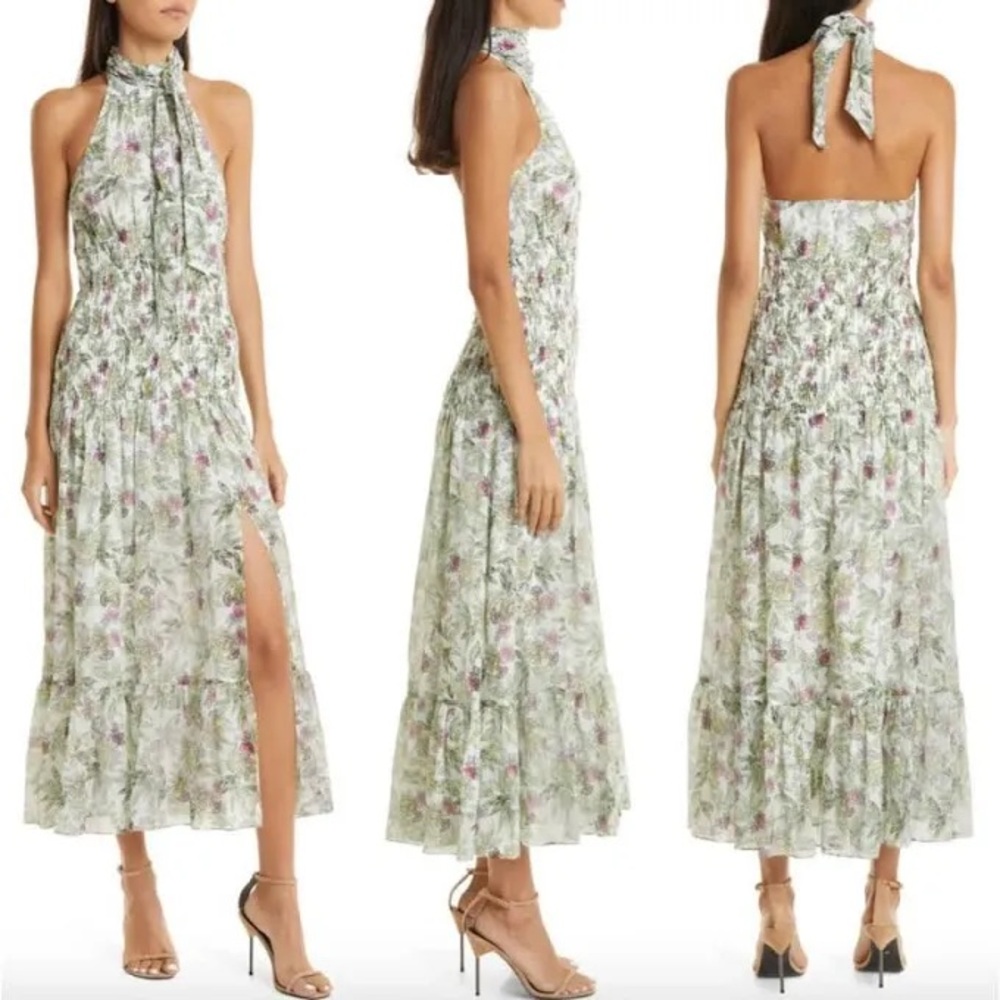Cinq a Sept Dover Halter Floral Dress Ivory Size 10 Backless Smocking.